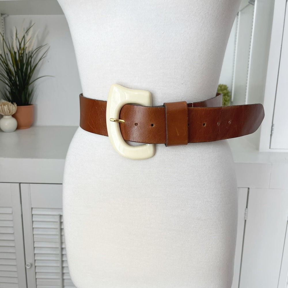 Vintage Doppia Vita Italy Brown Leather Acrylic Buckle Wide Belt - Picture 2 of 7